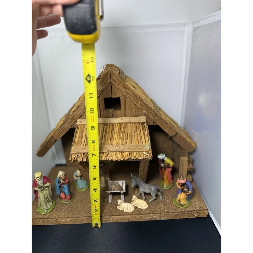 Vintage Christmas Nativity Scene Set 10 Resin Figures Wood Manger Germany‎